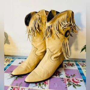 Vintage ACME Boho Tan Fringed Leather Concho Heeled Cowboy Boots 8 8.5 9